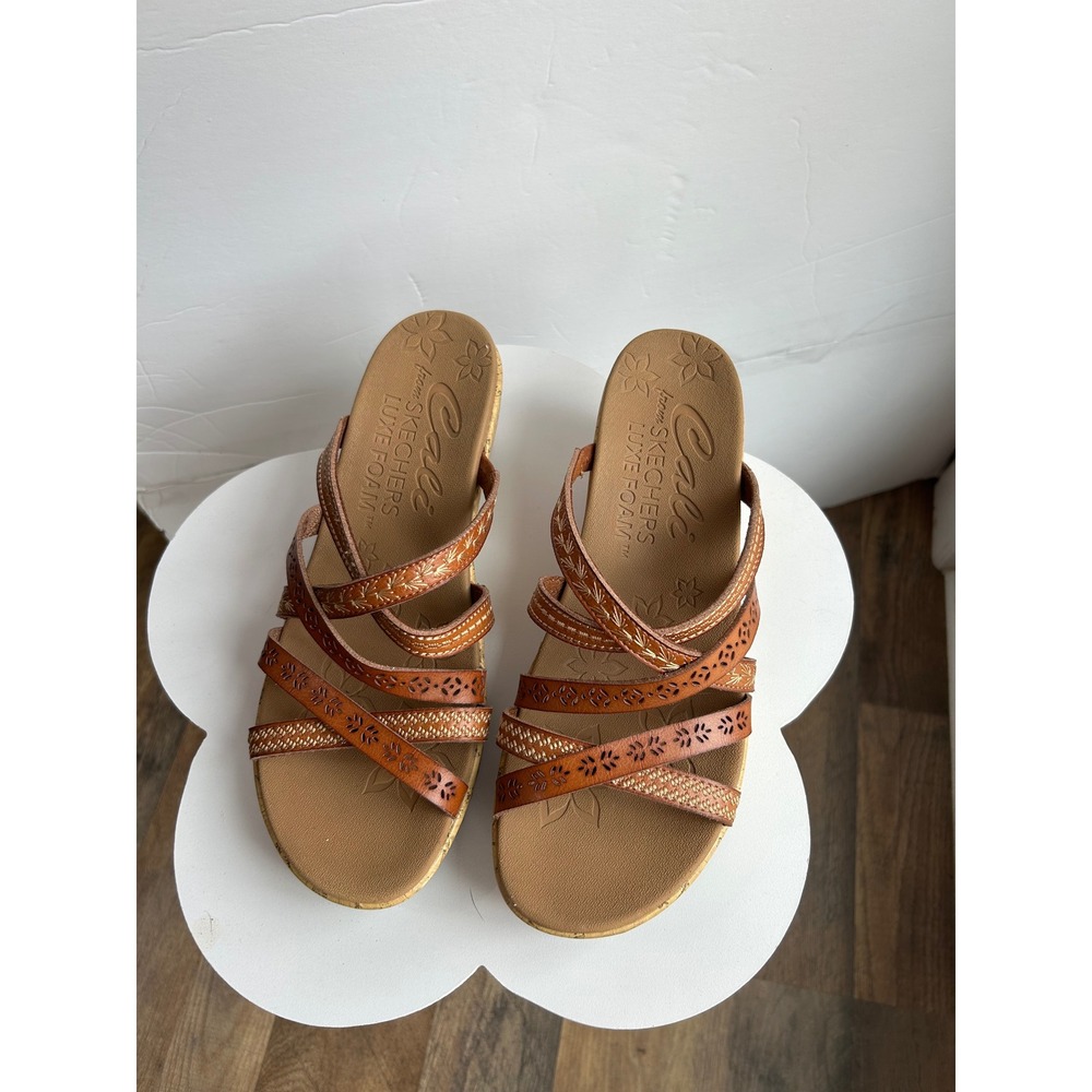 Skechers Cali Luxe Foam Wedge Sandals Brown Boho Laser Cut Floral Slides - Picture 2 of 10